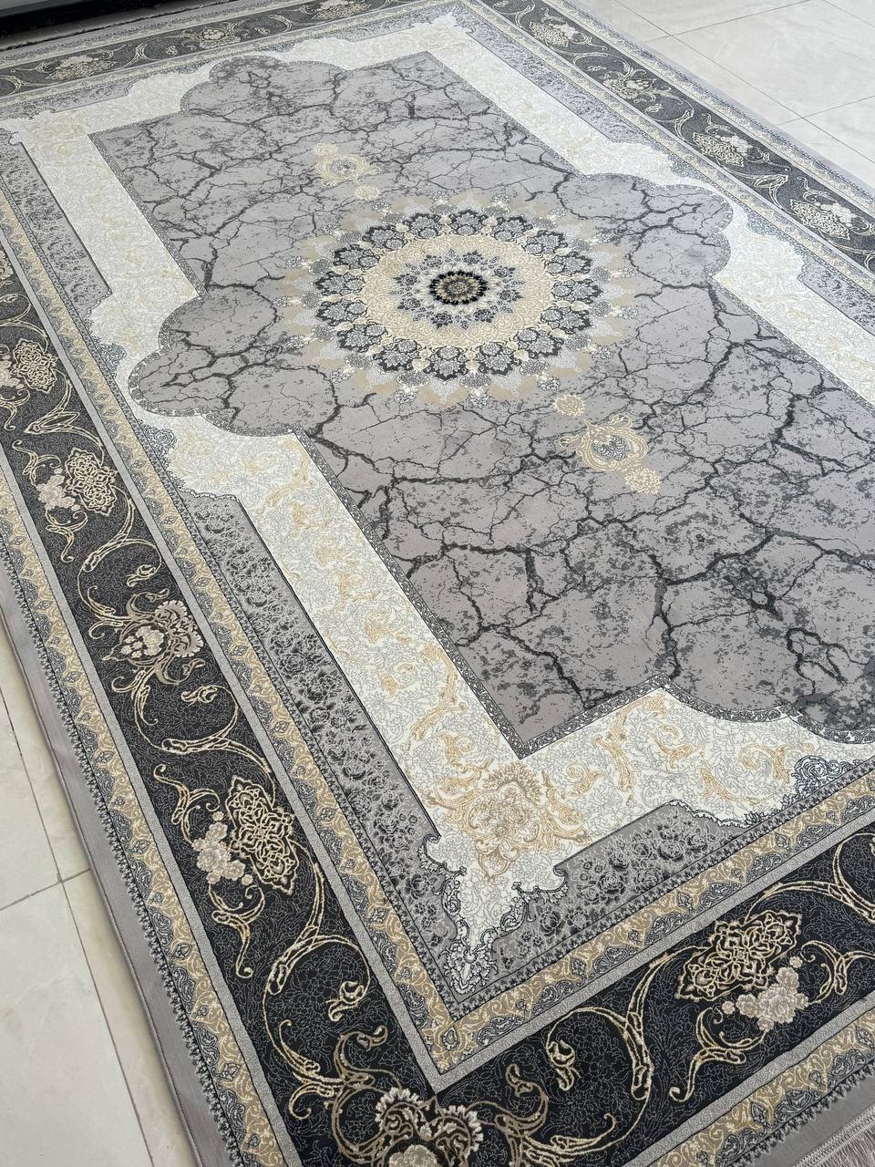 فرش 700 شانه طرح نسیم طوسی طلایی 